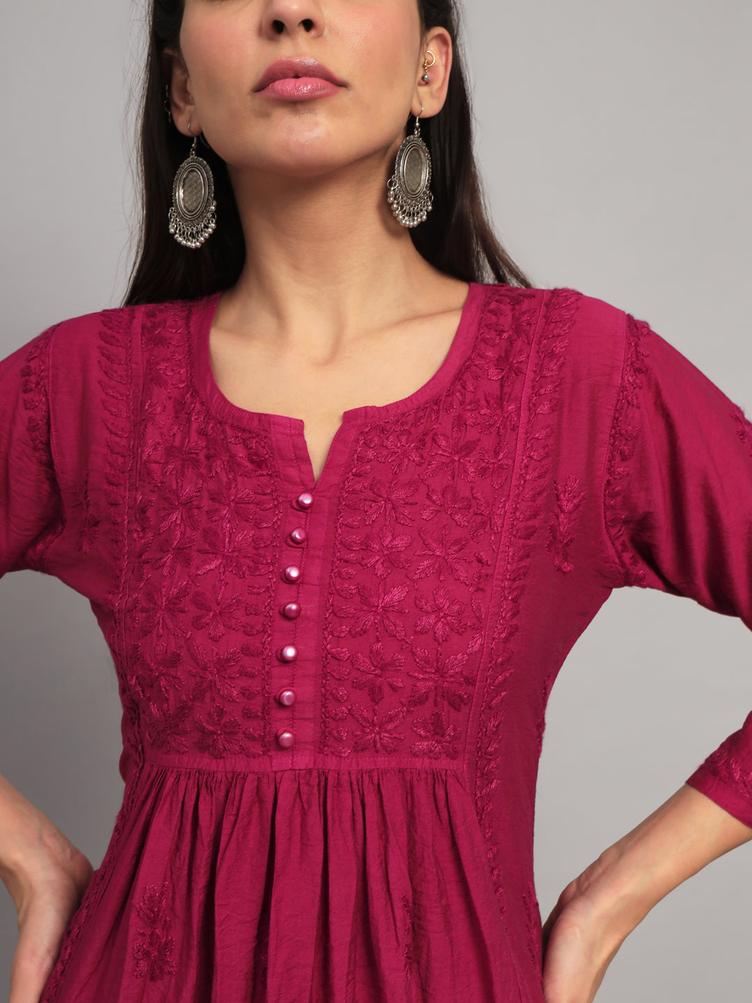 Hand embroidered floral pleated chikankari kurta AL3608 Burgundy
