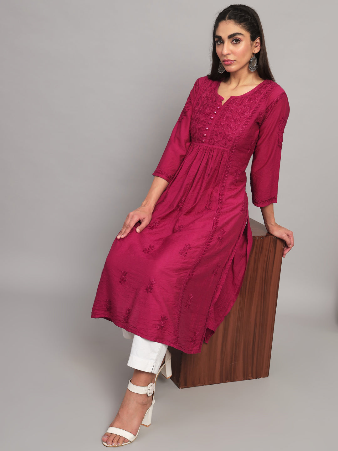 Hand embroidered floral pleated chikankari kurta AL3608 Burgundy