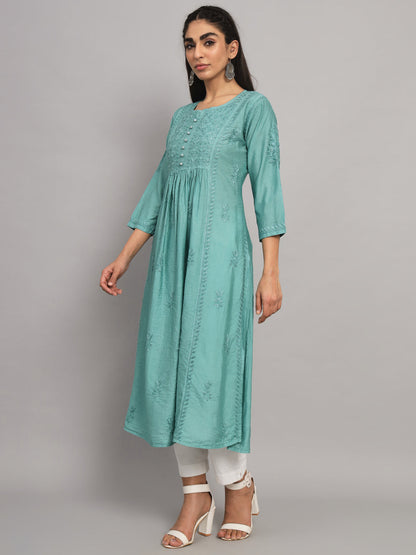 Hand embroidered floral pleated chikankari kurta AL3608 Green