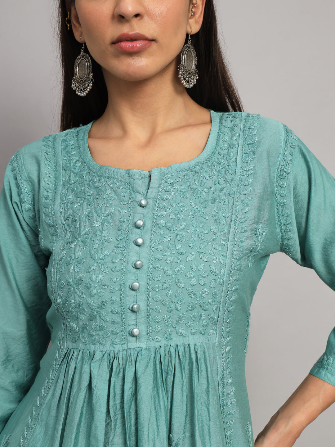 Hand embroidered floral pleated chikankari kurta AL3608 Green