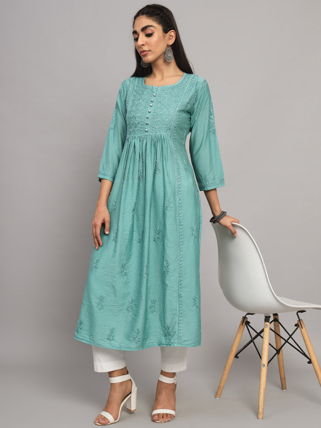 Hand embroidered floral pleated chikankari kurta AL3608 Green