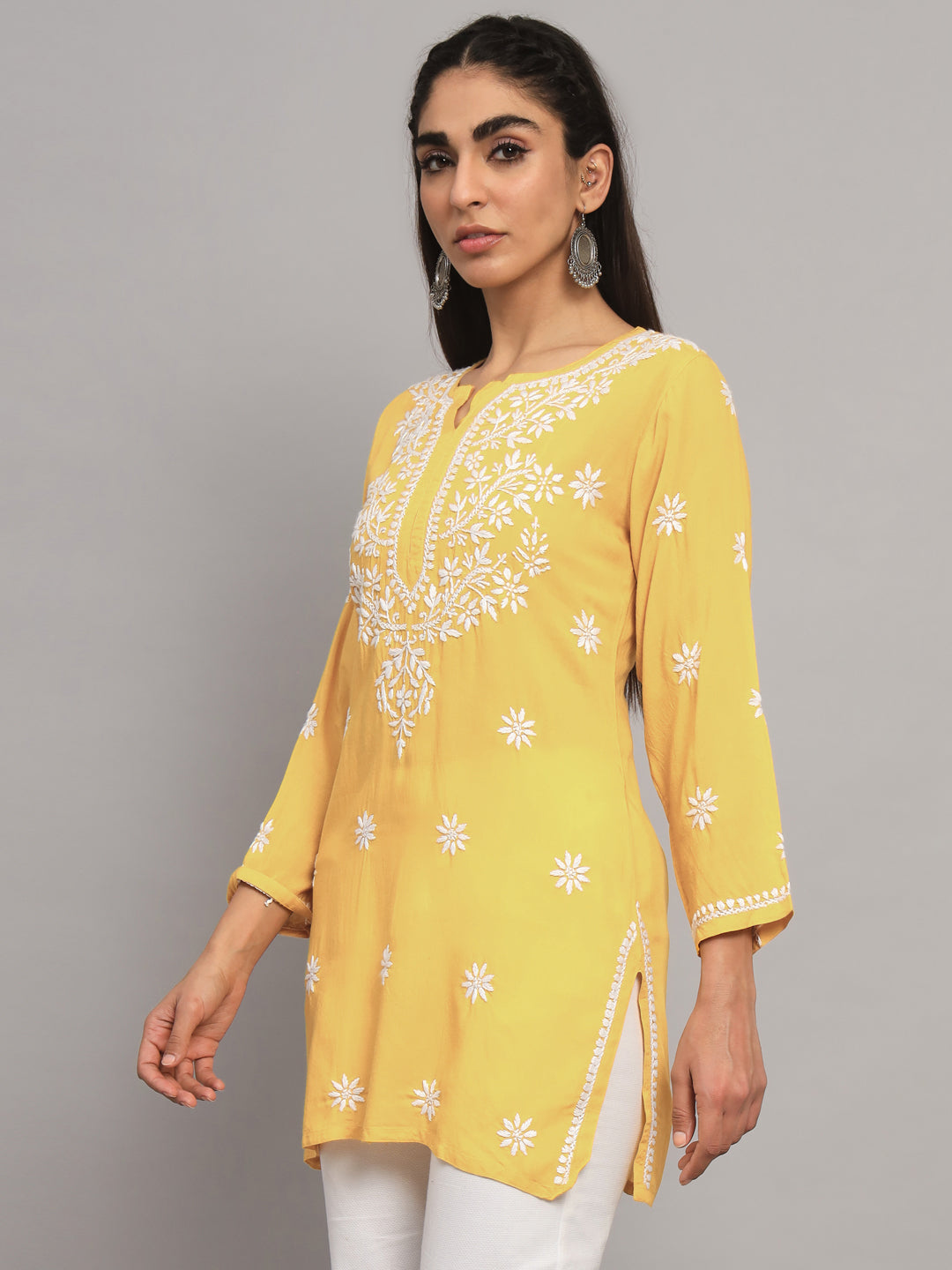 Women Hand Embroidered Chikankari Modal Kurti-AL3611 Yellow