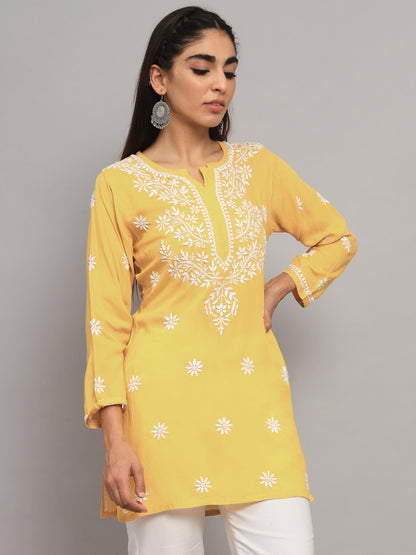 Women Hand Embroidered Chikankari Modal Kurti-AL3611 Yellow