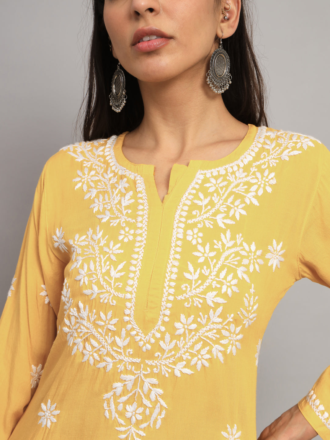 Women Hand Embroidered Chikankari Modal Kurti-AL3611 Yellow