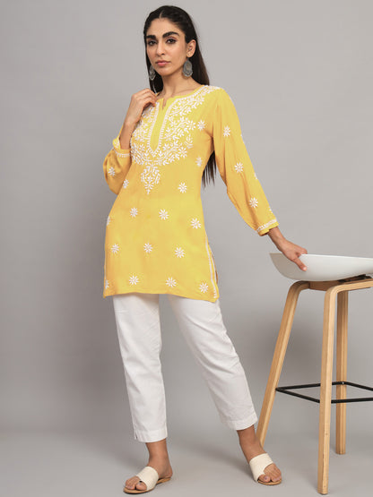 Women Hand Embroidered Chikankari Modal Kurti-AL3611 Yellow