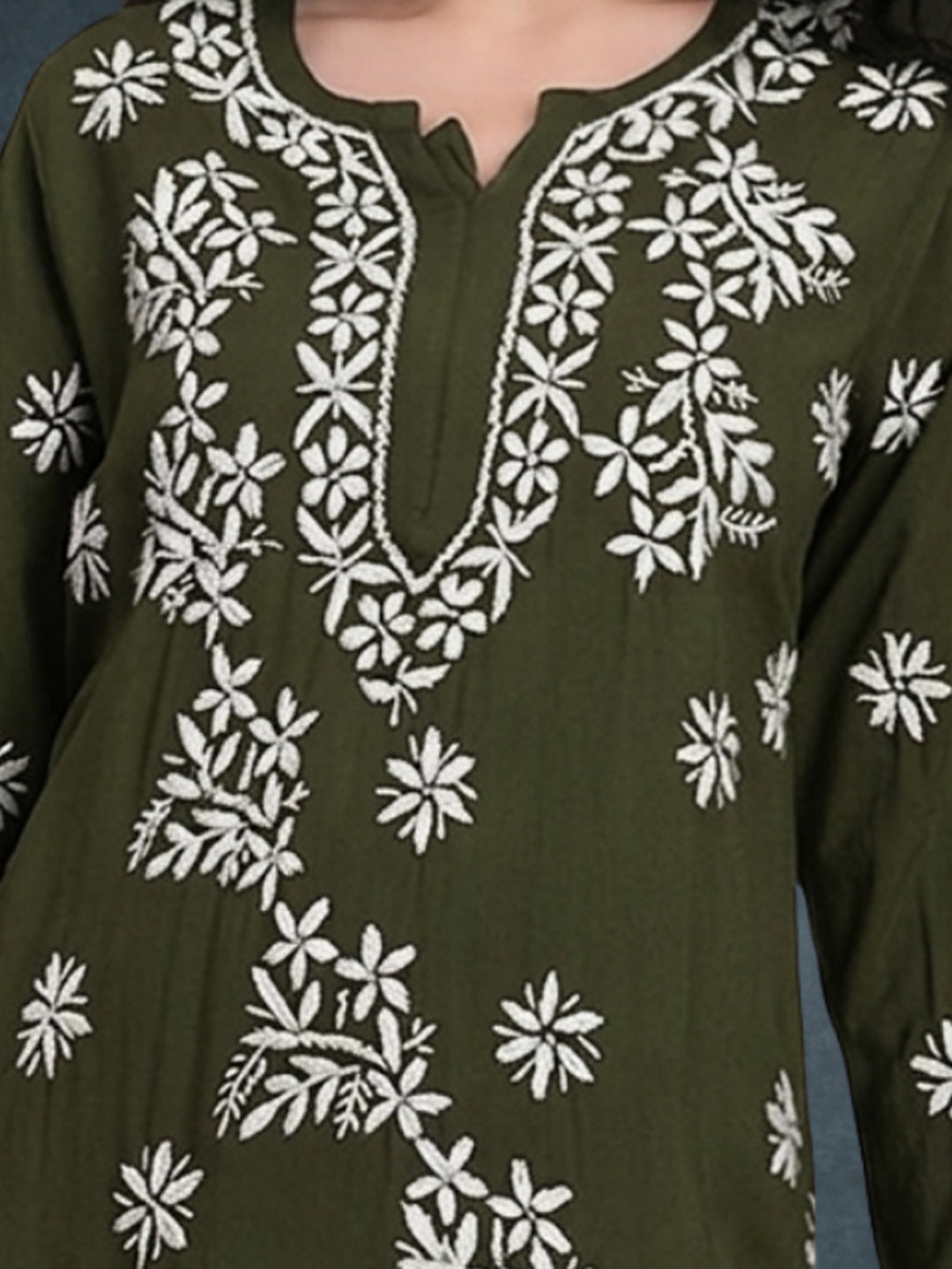 Women Chikankari Hand Embroidered Rayon Kurti -AL4071 Olive