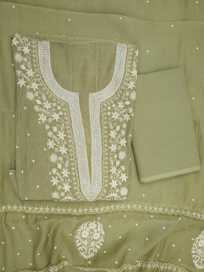 Women Hand Embroidered Premium Chikankari Mul Chanderi Unstitched Kurta Dupatta Bottom Set-ALSCA85201FS Green