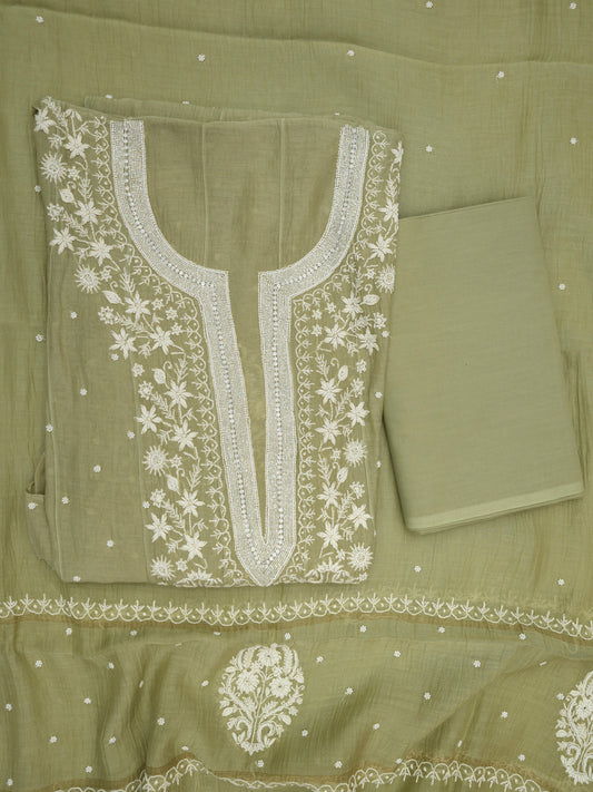 Women Hand Embroidered Premium Chikankari Mul Chanderi Unstitched Kurta Dupatta Bottom Set-ALSCA85201FS Green