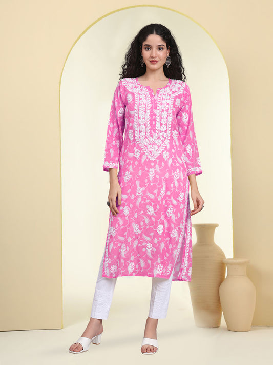Women Hand Embroidered Chikankari Mul Printed Cotton Kurta-AL4072 Pink