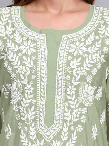 Women Hand Embroidered Chikankari Chanderi Kurta Set-AL4089KS Green