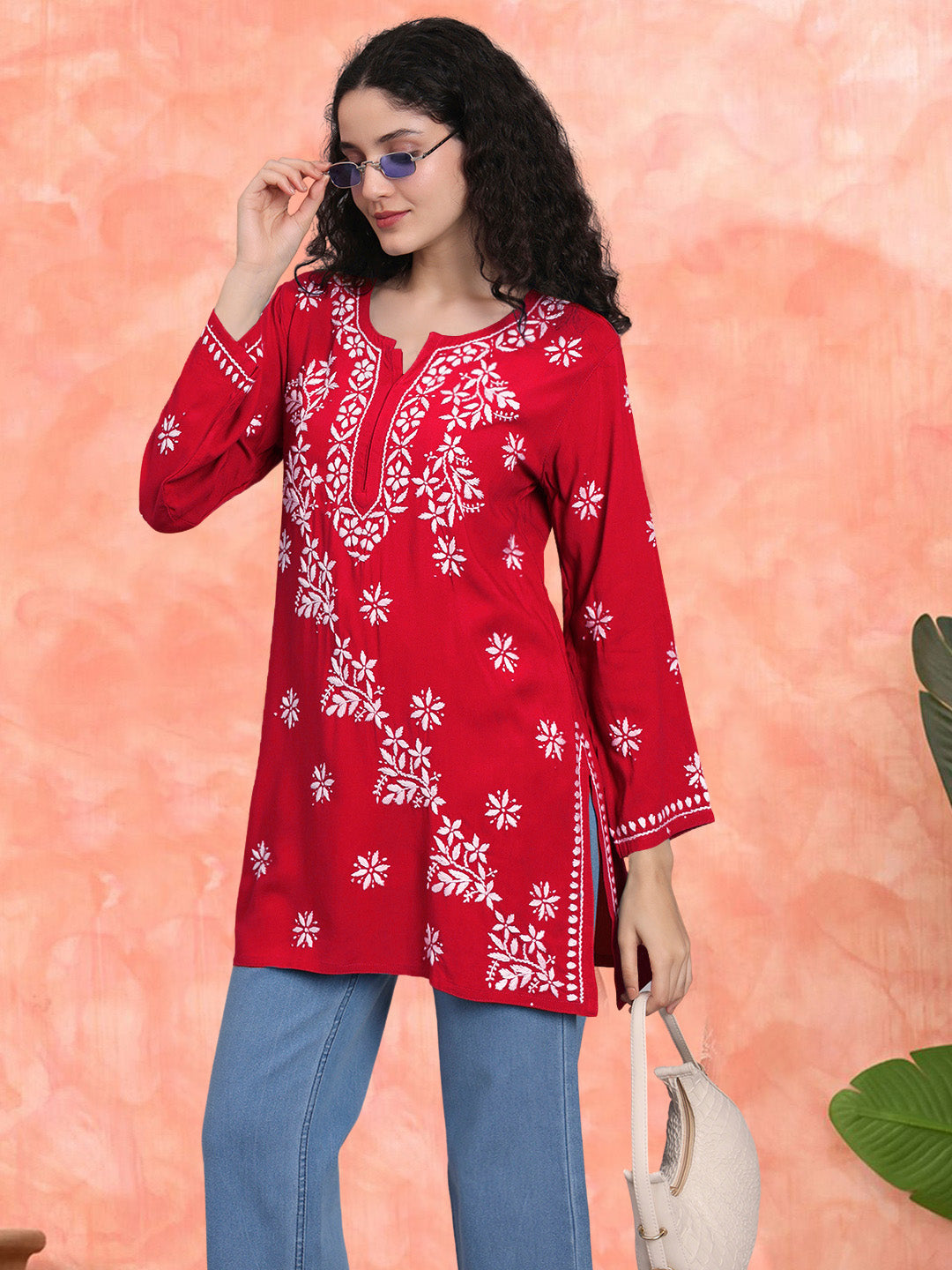 Women Hand Embroidered Chikankari Rayon Short Kurti-AL4071 Red