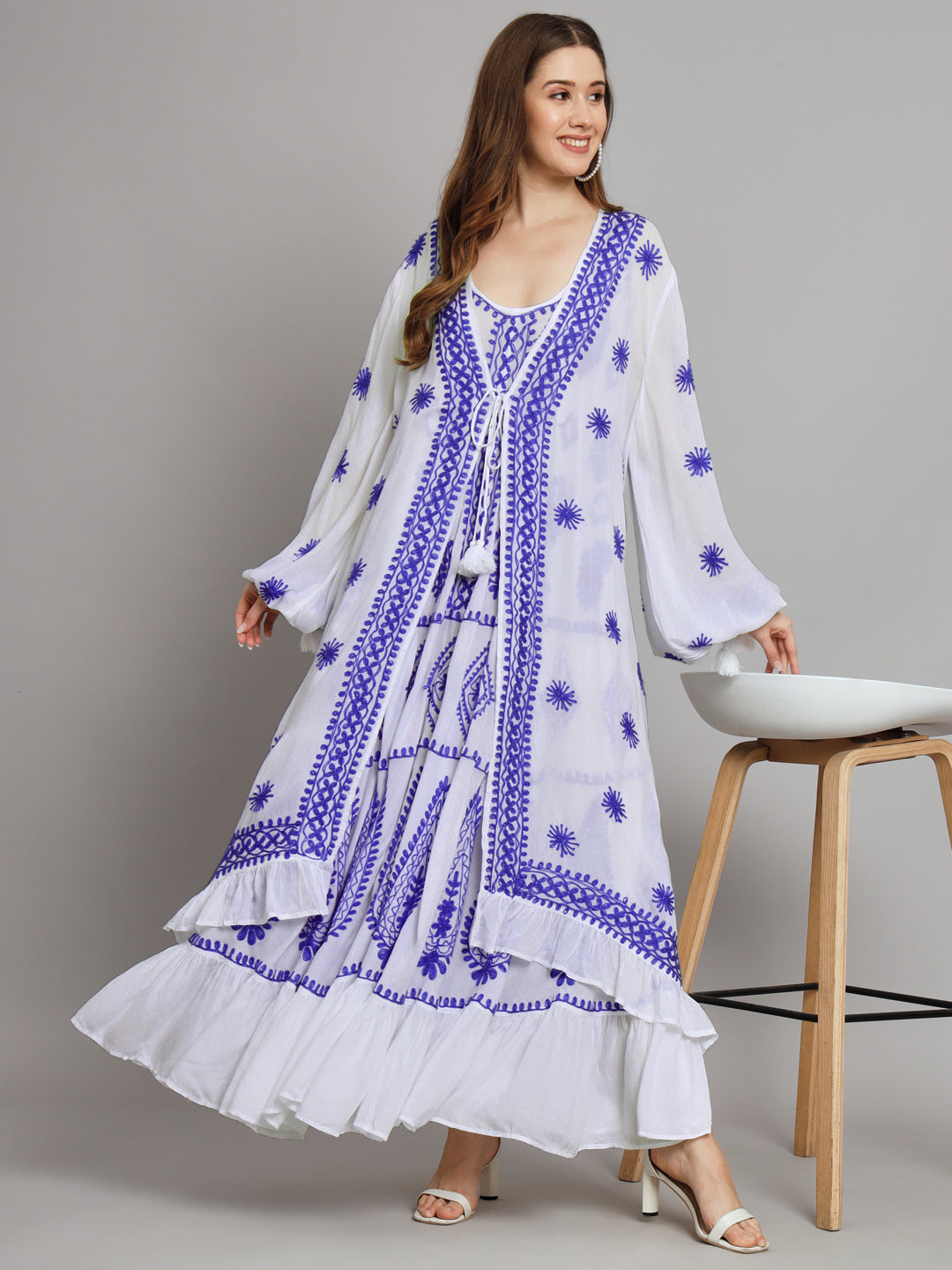 Hand Embroidered Chikankari Modal Kaftan-AL3605B White&Navy