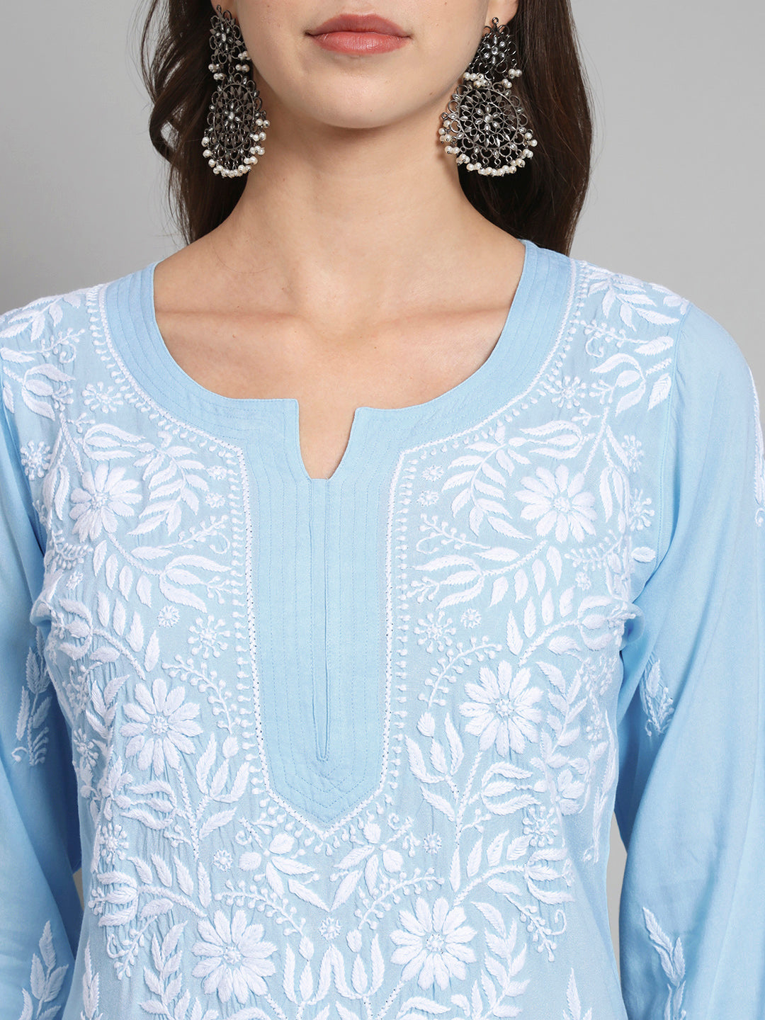 Hand Embroidered Chikankari Rayon Straight Kurta-AL3451 Denimblue