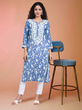 Women Hand Embroidered Chikankari Mul Printed Cotton Kurta-AL4072 Denim