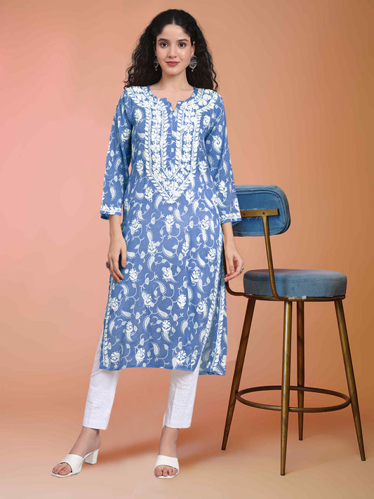 Women Hand Embroidered Chikankari Mul Printed Cotton Kurta-AL4072 Denim