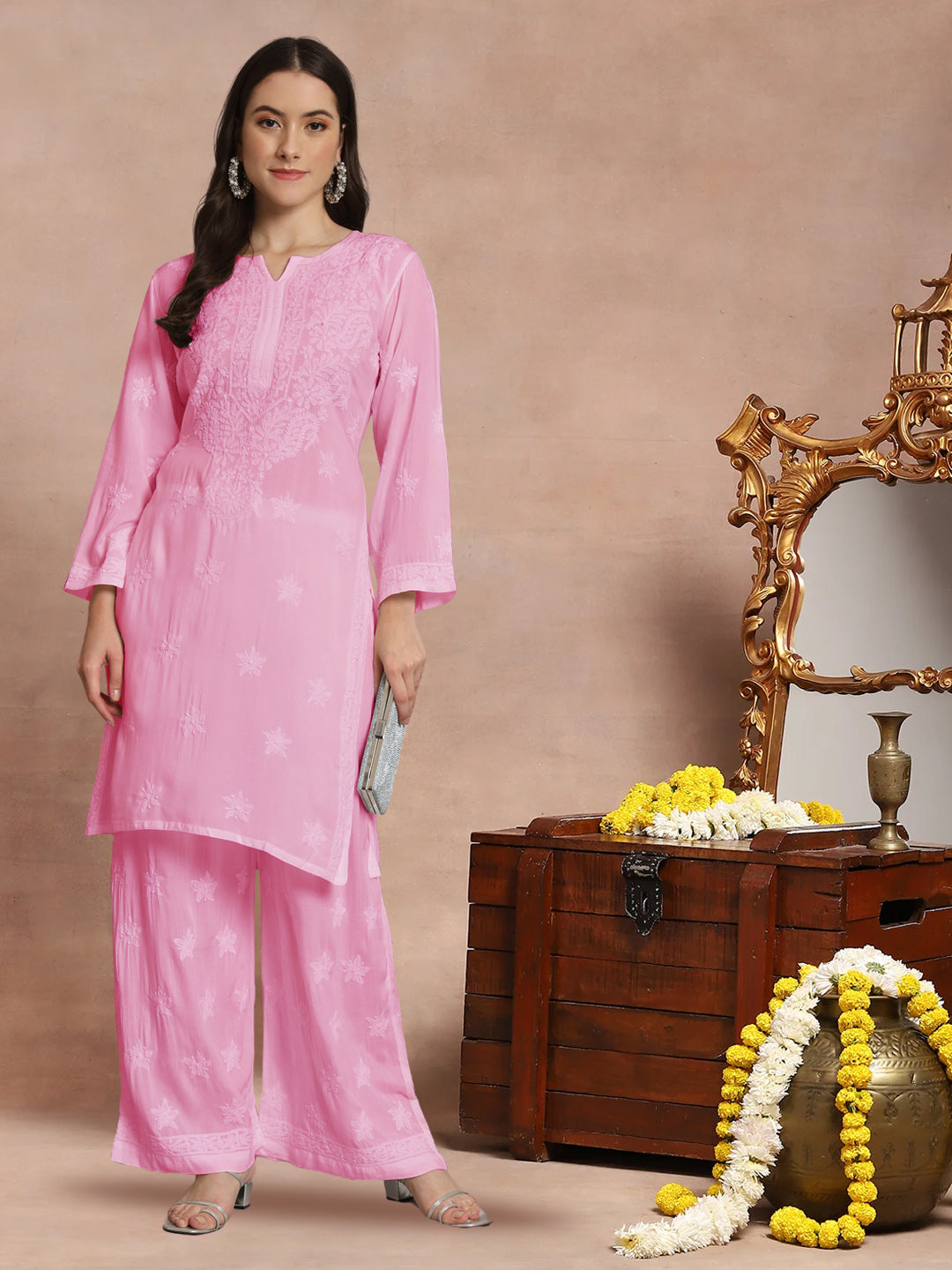 Hand Embroidered Chikankari Modal Kurta with Palazzo- AL3662KS