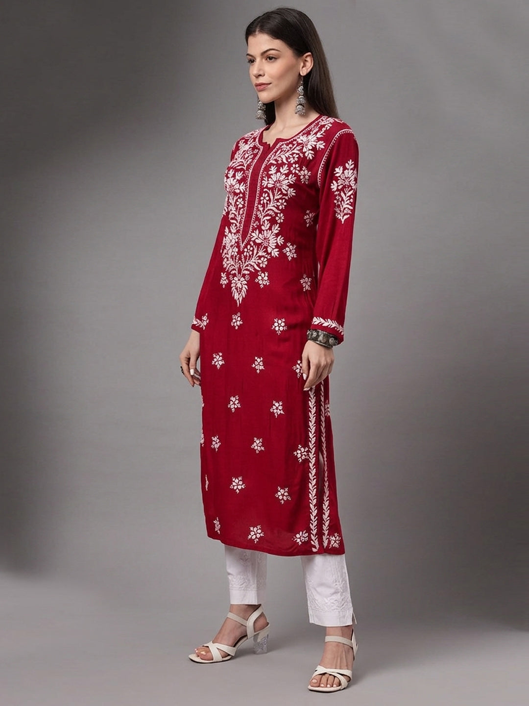 Women Hand Embroidered Modal Chikankari Kurta-AL4059 Red
