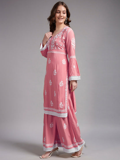 Women Hand Embroidered Lucknowi Chikankari Rayon Kurta Set-AL4077KS Rust
