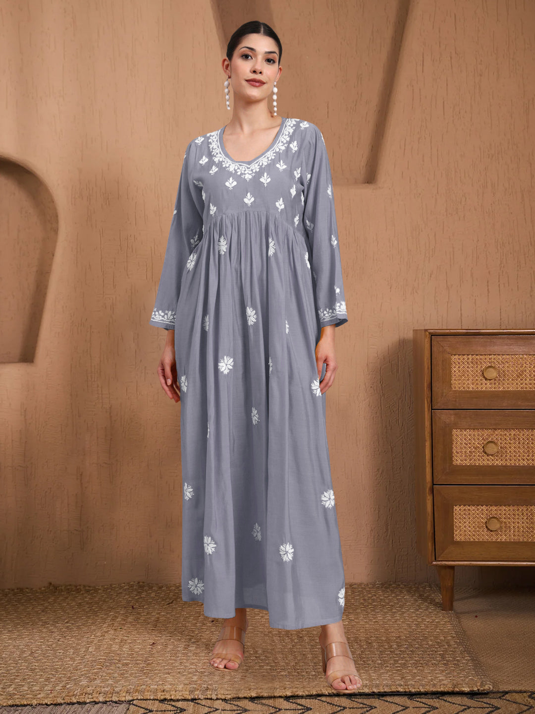 Hand Embroidered Chikankari Chanderi Jalabiya-AL4087 Grey
