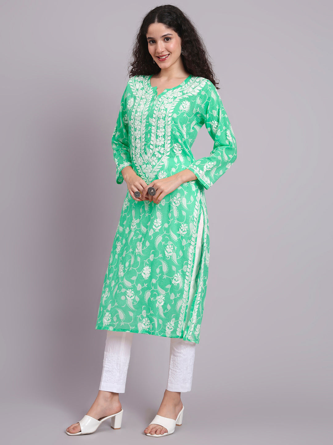Women Hand Embroidered Chikankari Mul Printed Cotton Kurta-AL4072 Sea Green