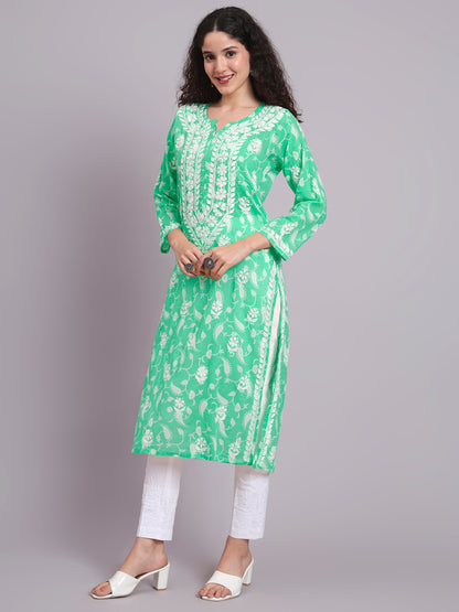 Women Hand Embroidered Chikankari Mul Printed Cotton Kurta-AL4072 Sea Green