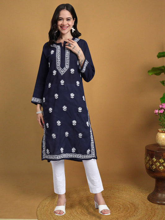 Women Hand Embroidered Chikankari Cotton Kurta-AL3999 Navy