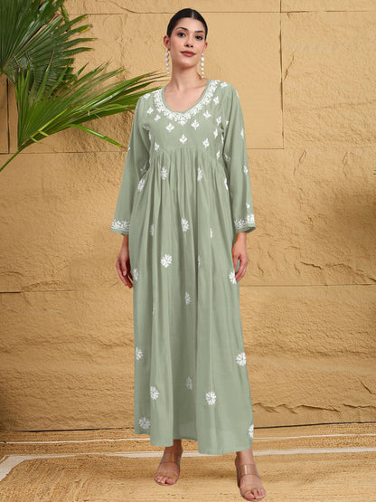 Hand Embroidered Chikankari Chanderi Jalabiya-AL4087 Green