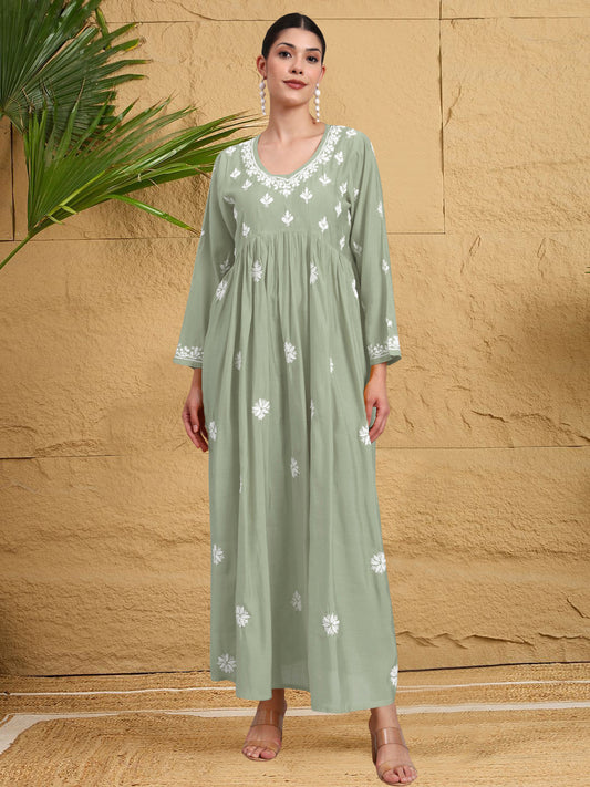 Hand Embroidered Chikankari Chanderi Jalabiya-AL4087 Green