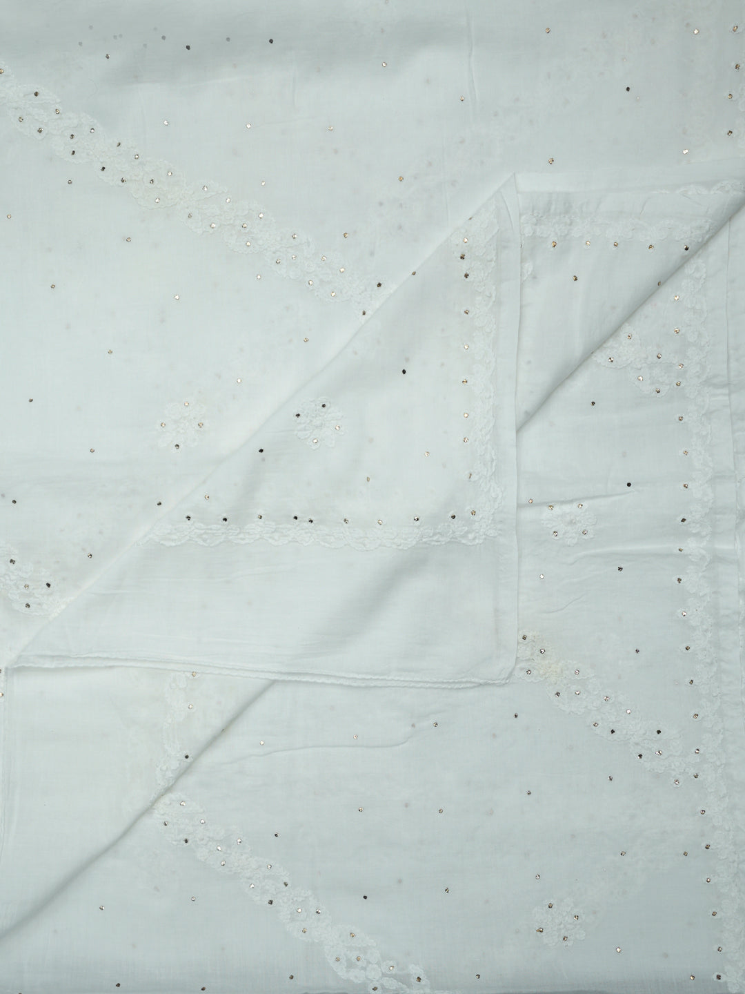 Women Hand Embroidered Mulmul Cotton Mukaish Dupatta-AL4095