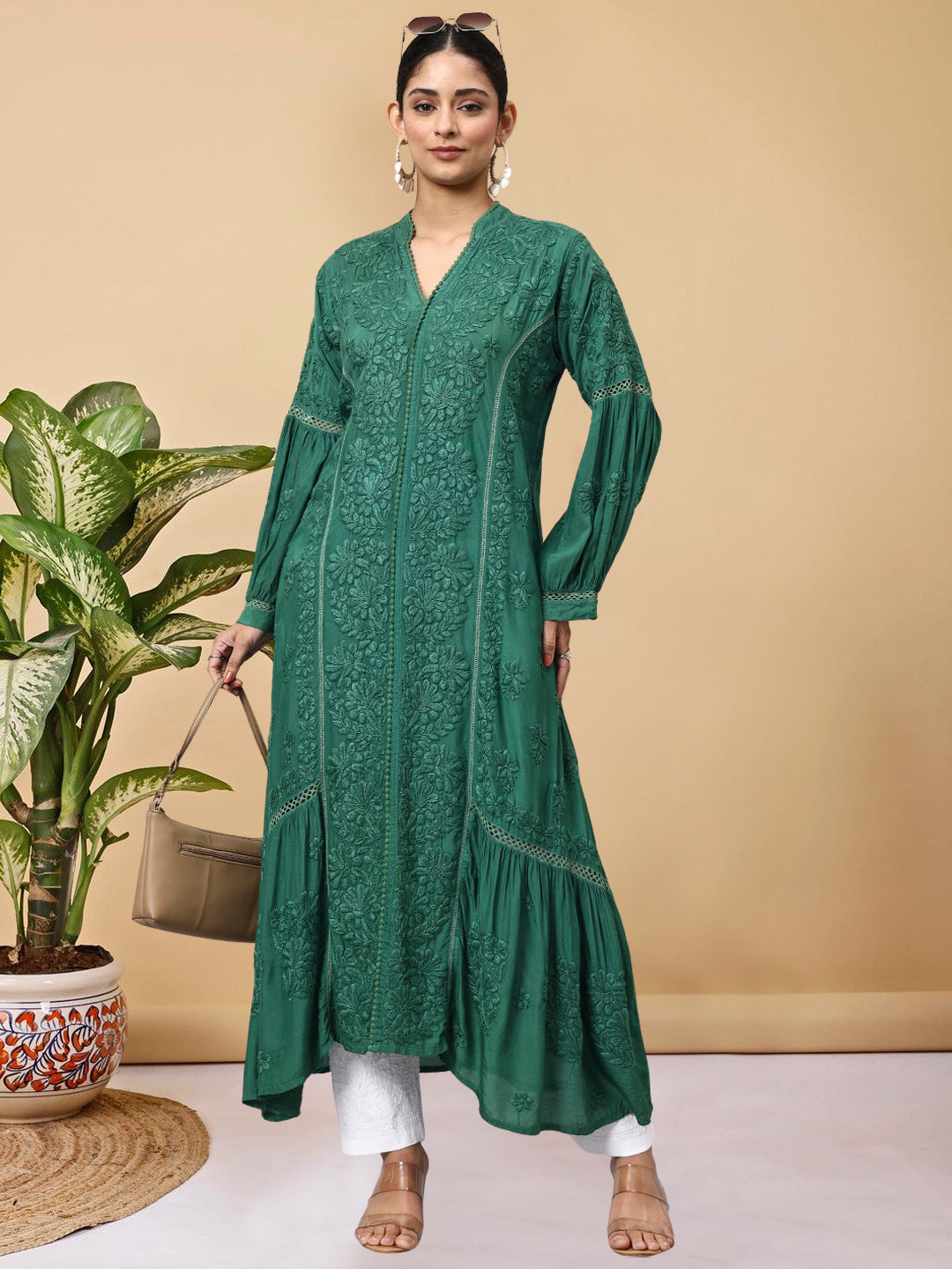Hand Embroidered Chikankari Muslin Kurta-AL4100 Green