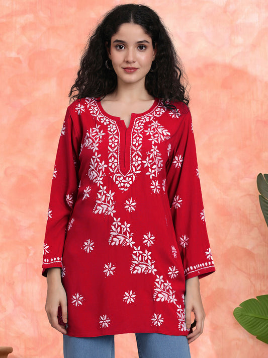 Women Hand Embroidered Chikankari Rayon Short Kurti-AL4071 Red