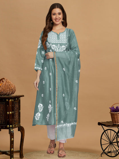 Hand embroidered Chikankari Chanderi Cotton Kurta Set and Dupatta with Mukaish AL3665KS