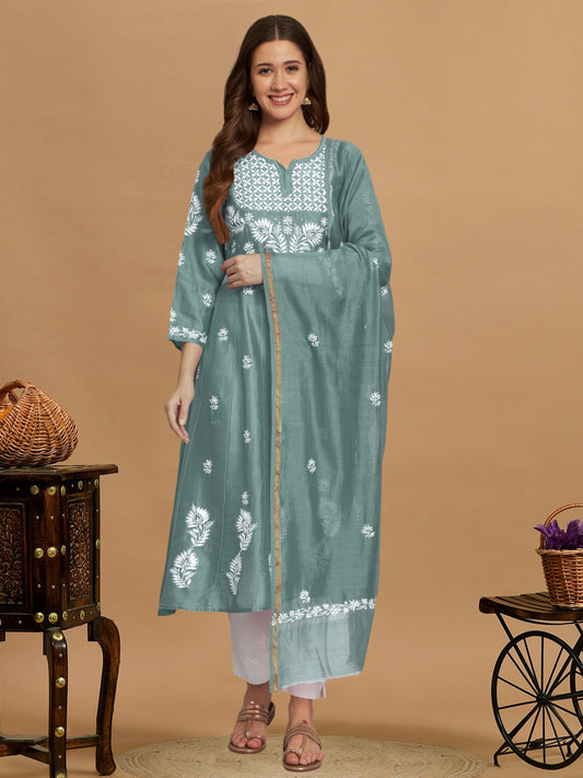 Hand embroidered Chikankari Chanderi Cotton Kurta Set and Dupatta with Mukaish AL3665KS
