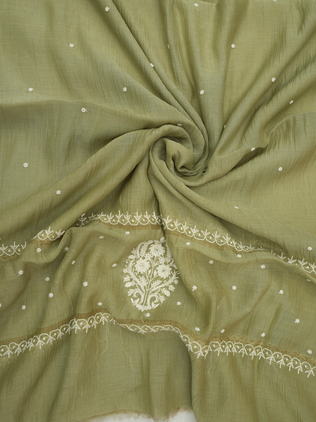 Women Hand Embroidered Premium Chikankari Mul Chanderi Unstitched Kurta Dupatta Bottom Set-ALSCA85201FS Green