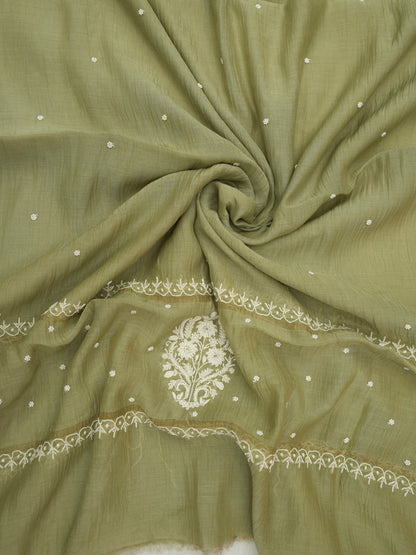 Women Hand Embroidered Premium Chikankari Mul Chanderi Unstitched Kurta Dupatta Bottom Set-ALSCA85201FS Green