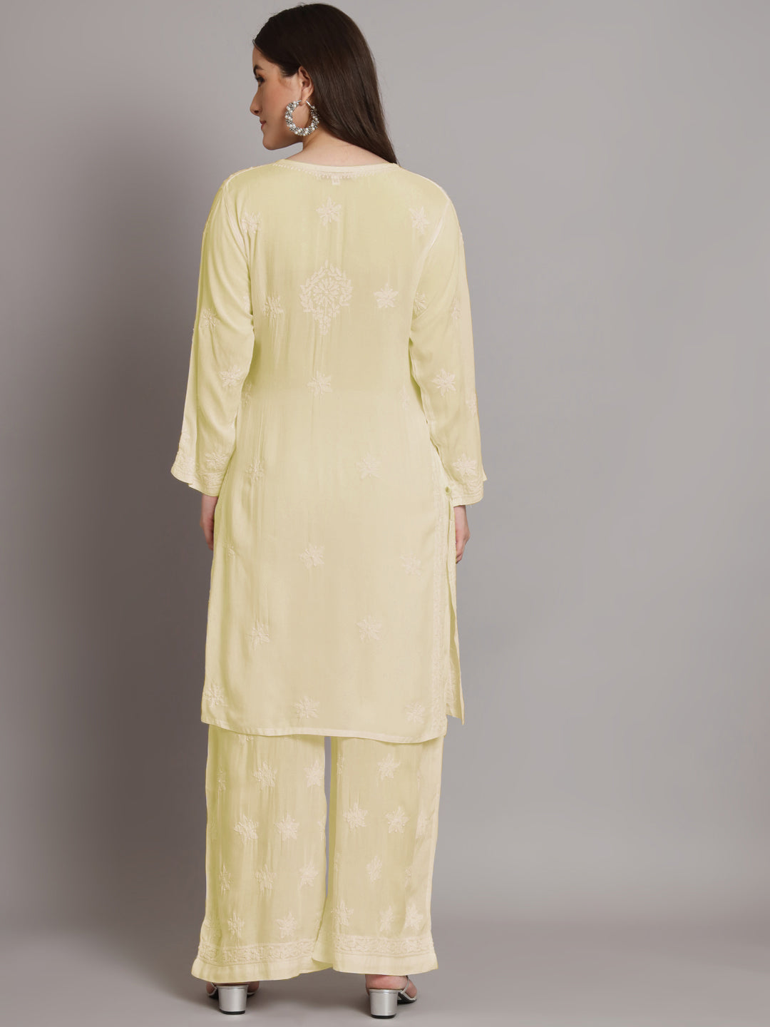 Hand Embroidered Chikankari Modal Kurta with Palazzo- AL3662KS Lemon