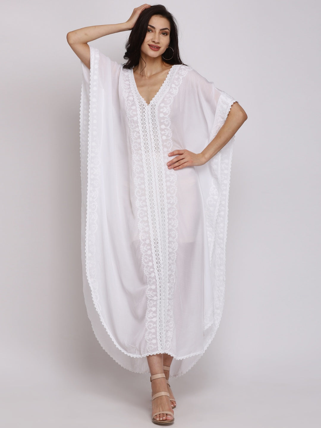Hand Embroidered Chikankari Cotton Kaftan-AL2556