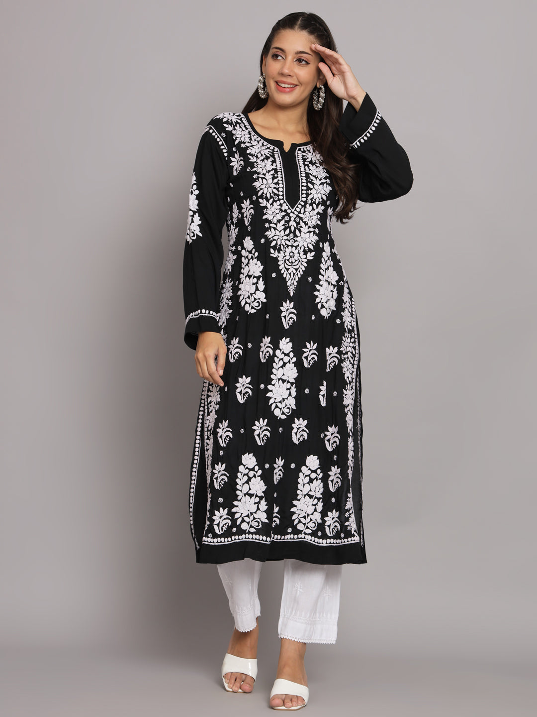 Hand Embroidered Chikankari Modal Straight Kurta-AL3682