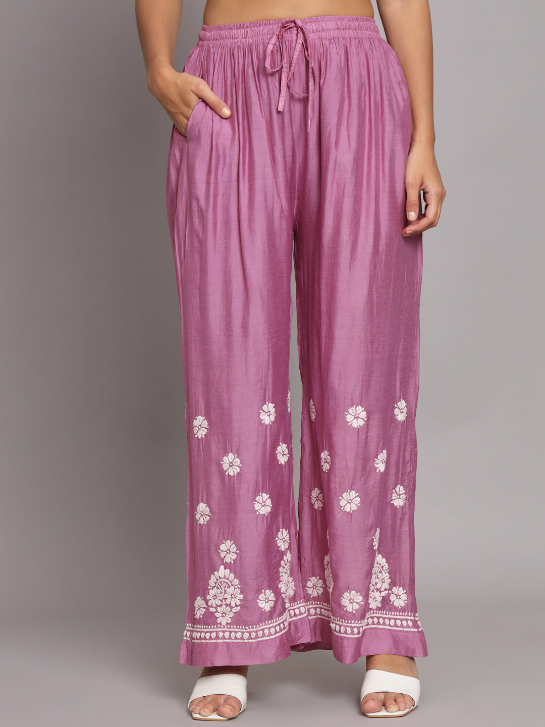 Hand Embroidered Chikan Chanderi Straight Kurta Palazzos-AL3671KS