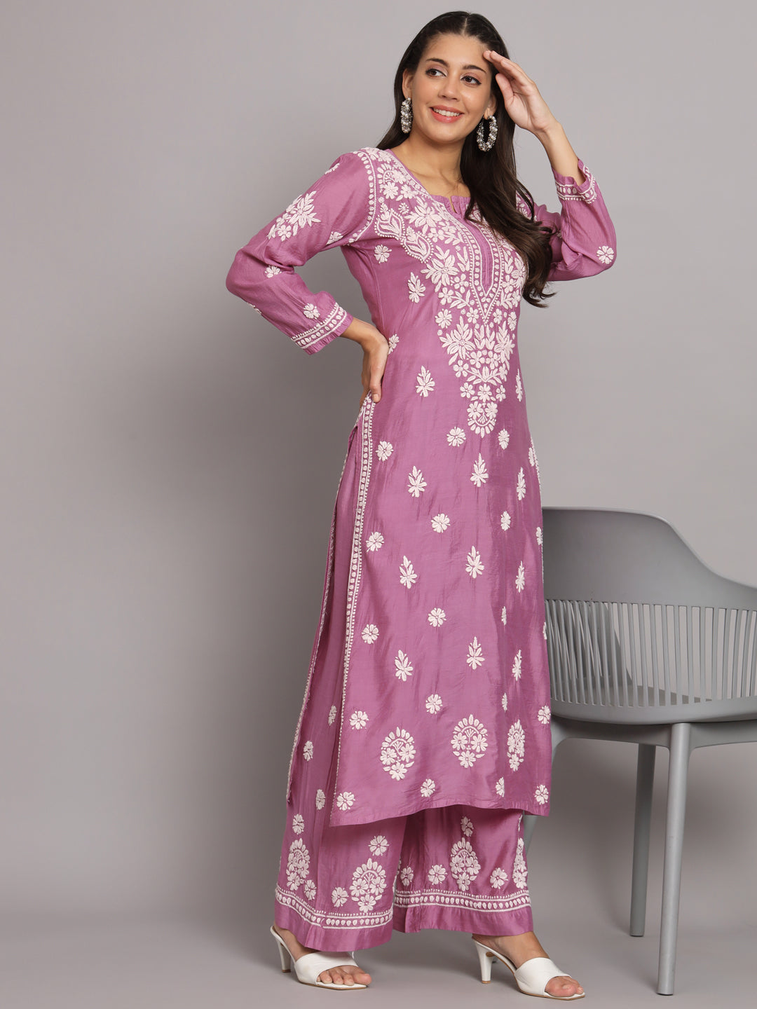 Hand Embroidered Chikan Chanderi Straight Kurta Palazzos-AL3671KS