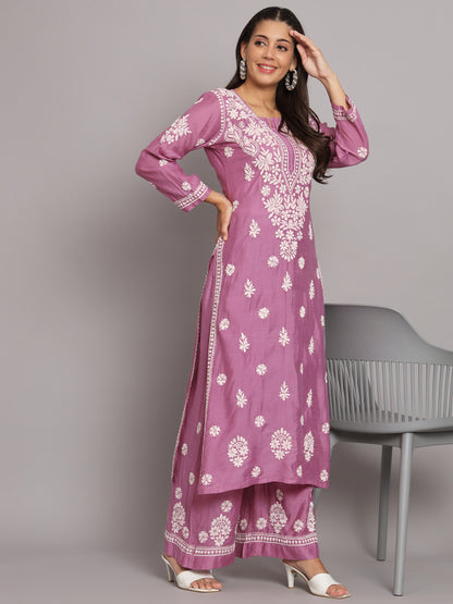 Hand Embroidered Chikan Chanderi Straight Kurta Palazzos-AL3671KS