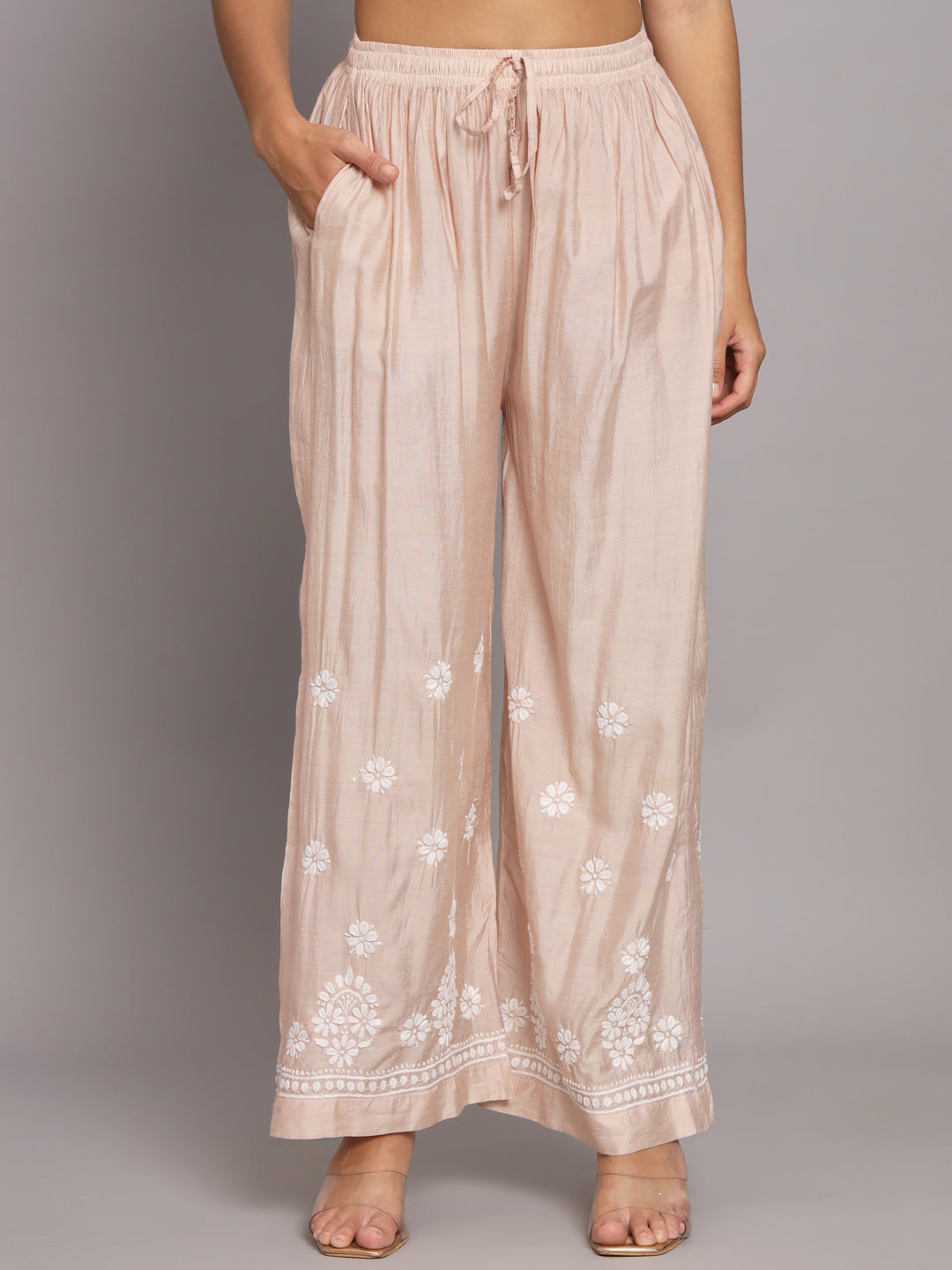 Hand Embroidered Chikan Chanderi Straight Kurta Palazzos-AL3671KS