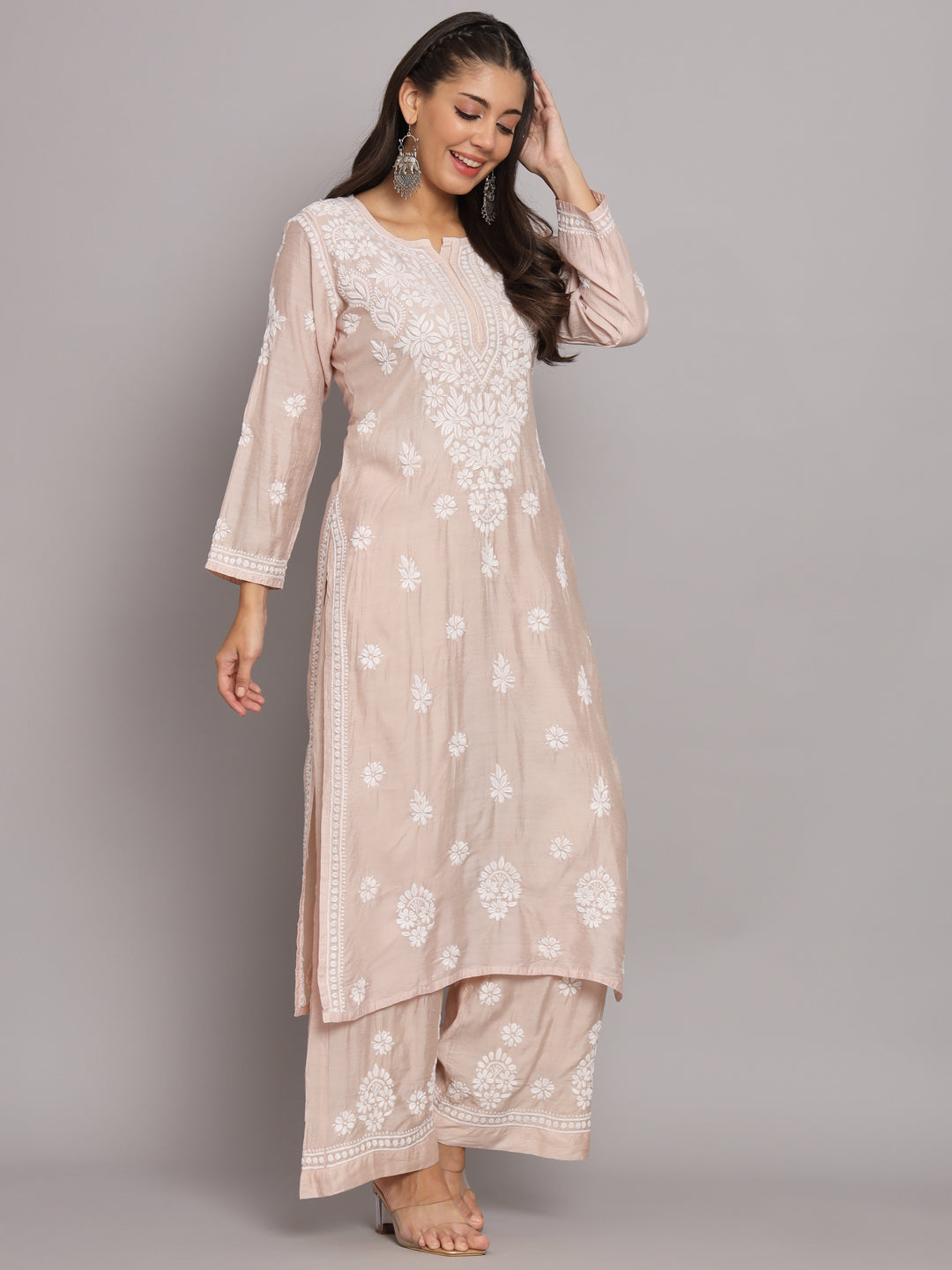 Hand Embroidered Chikan Chanderi Straight Kurta Palazzos-AL3671KS