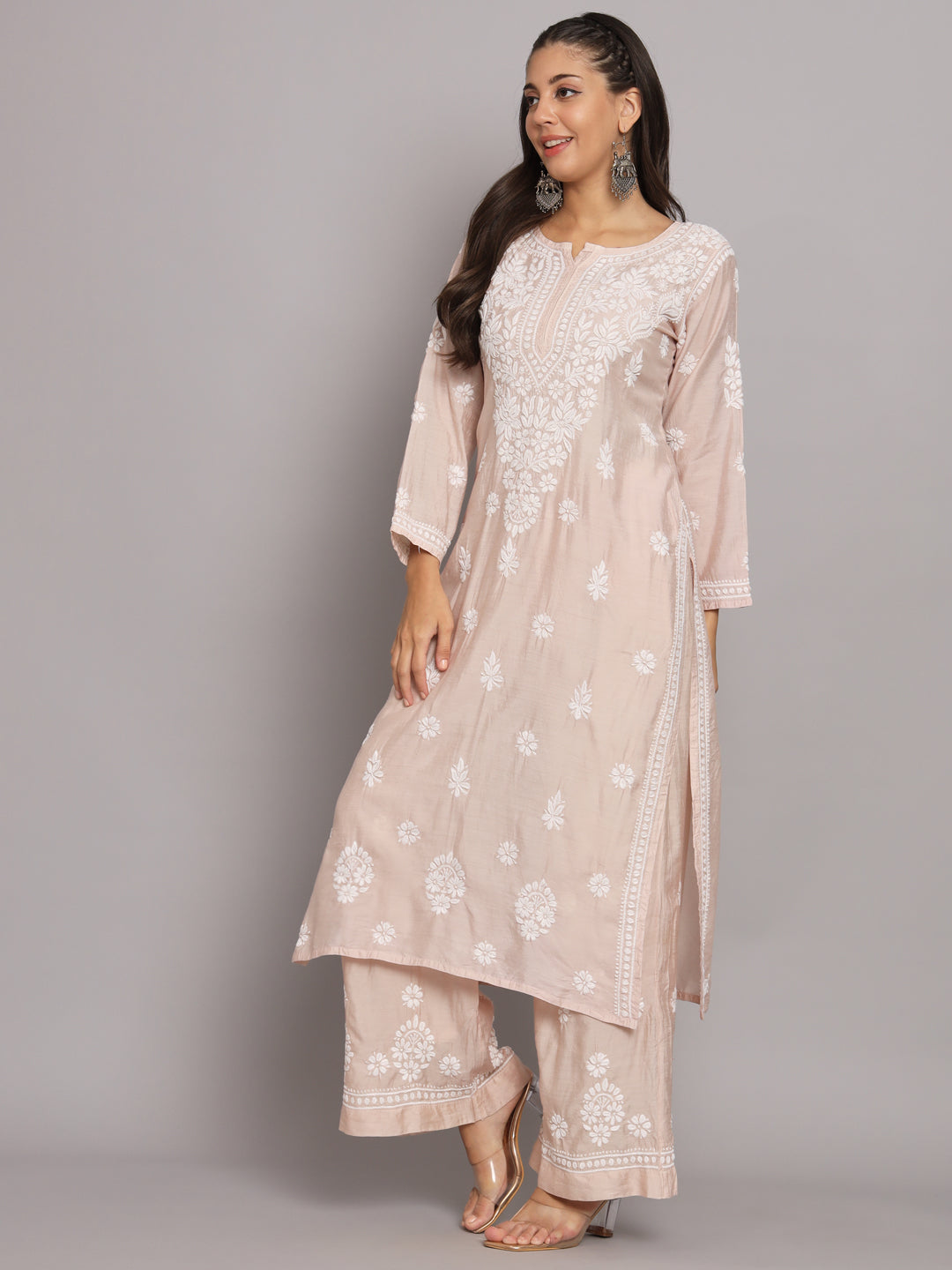 Hand Embroidered Chikan Chanderi Straight Kurta Palazzos-AL3671KS