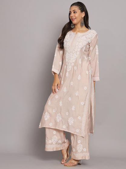 Hand Embroidered Chikan Chanderi Straight Kurta Palazzos-AL3671KS