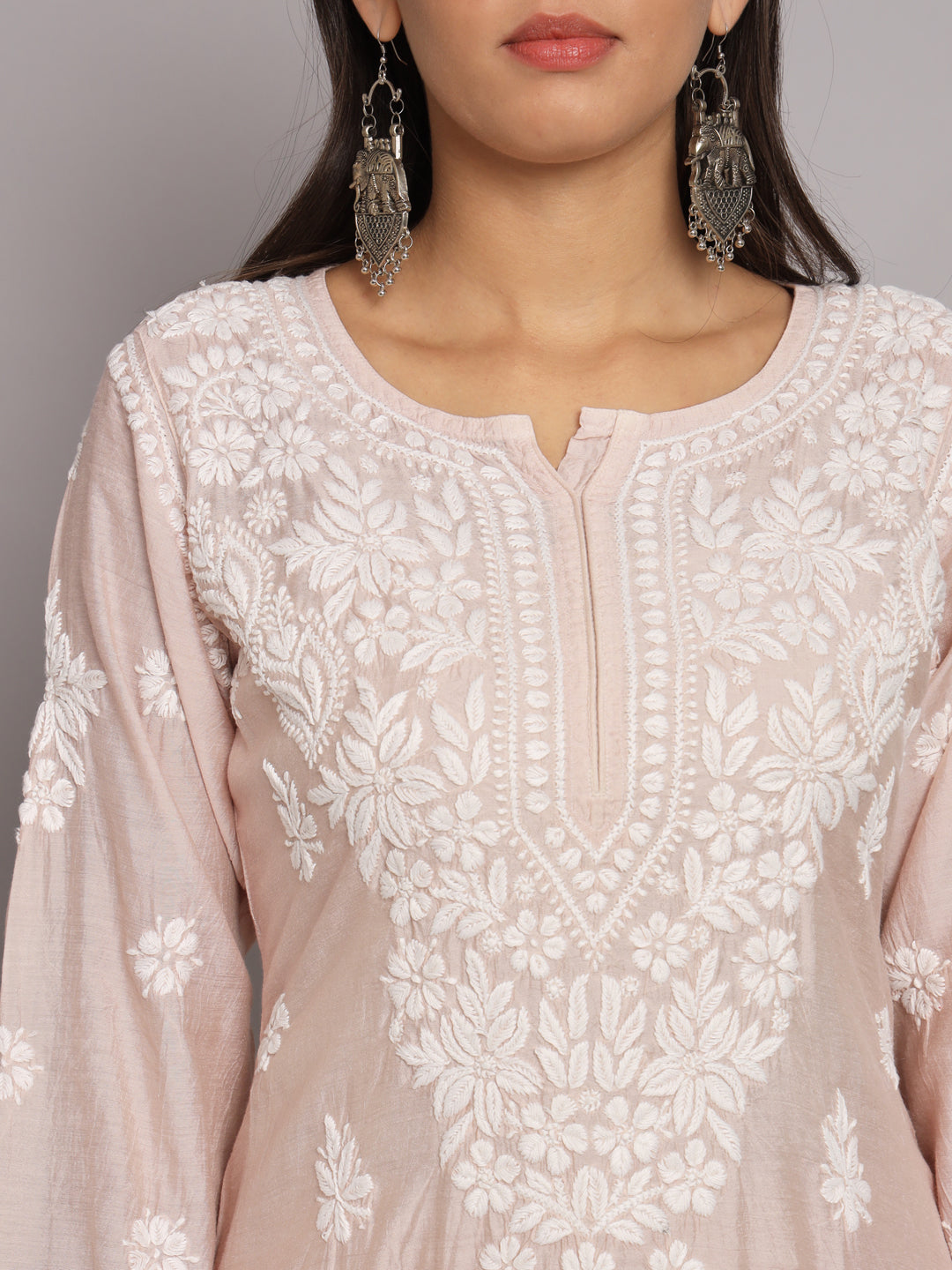 Hand Embroidered Chikan Chanderi Straight Kurta Palazzos-AL3671KS