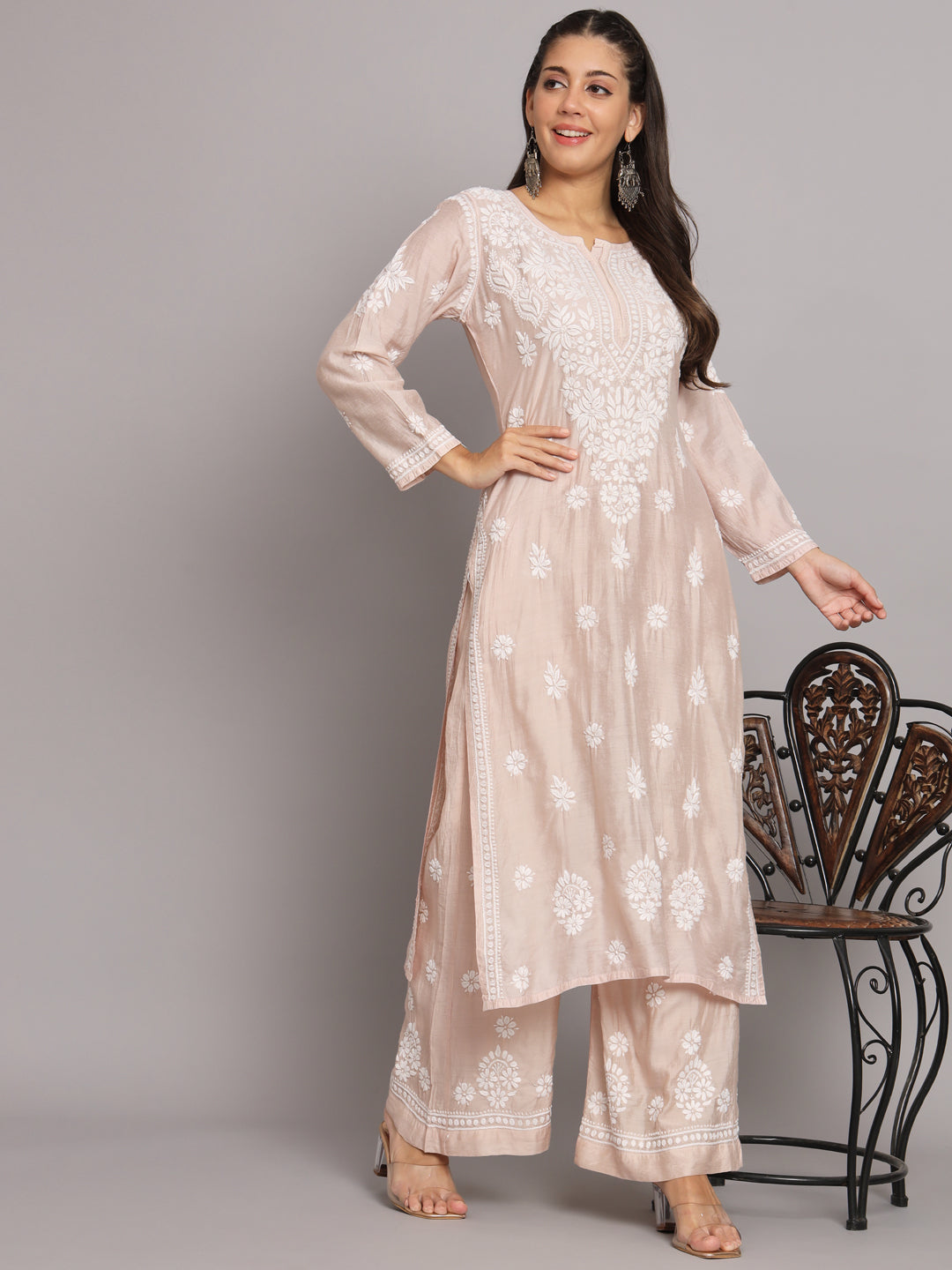 Hand Embroidered Chikan Chanderi Straight Kurta Palazzos-AL3671KS