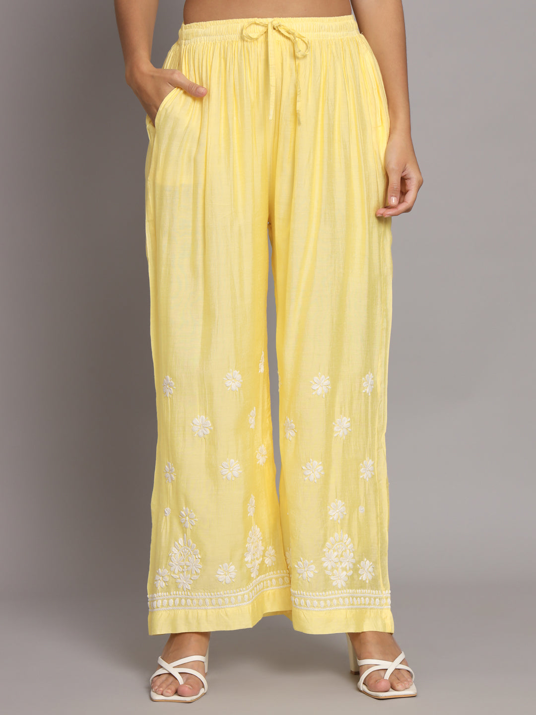 Hand Embroidered Chikan Chanderi Straight Kurta Palazzos-AL3671KS
