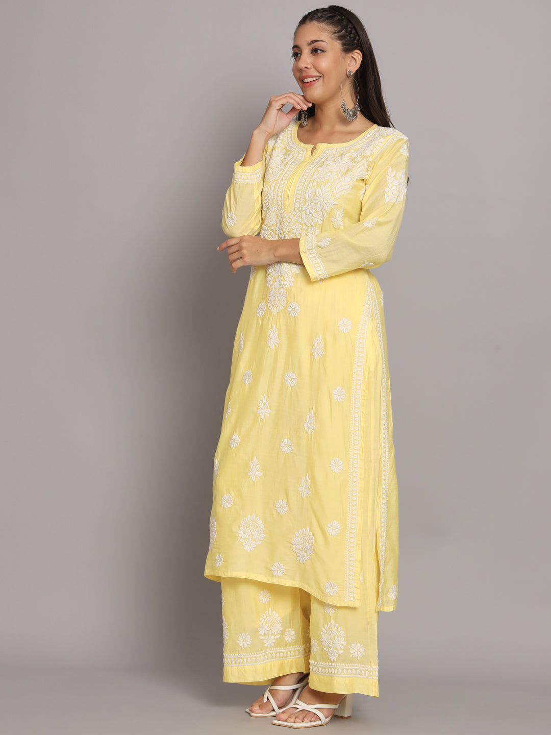 Hand Embroidered Chikan Chanderi Straight Kurta Palazzos-AL3671KS