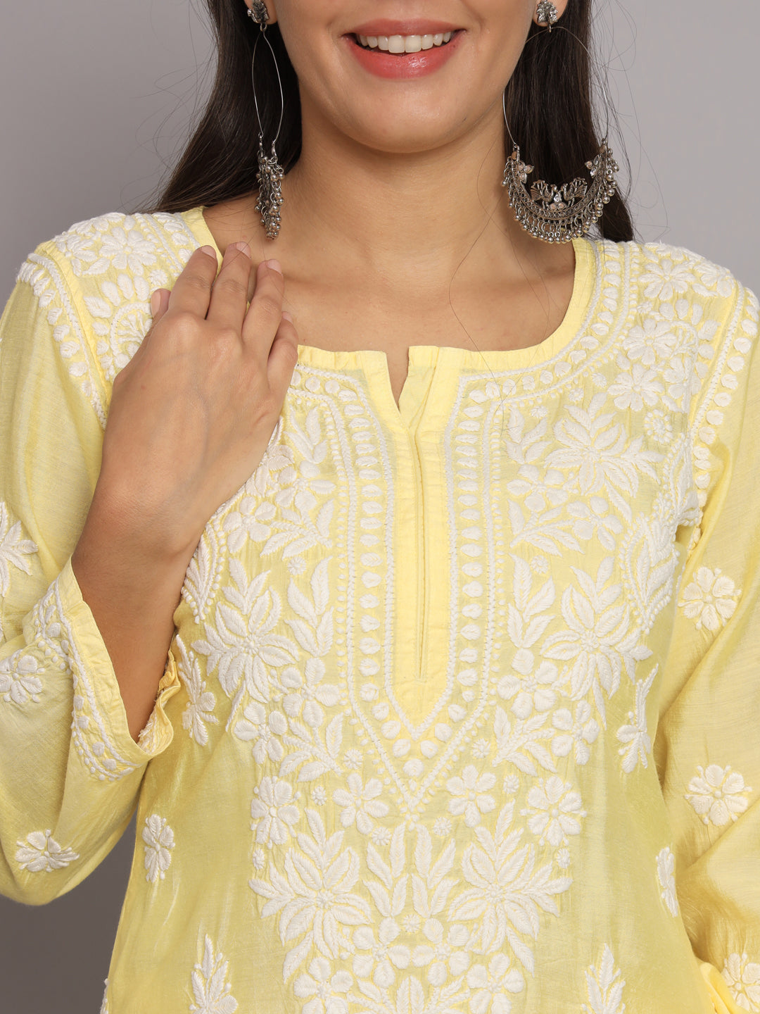 Hand Embroidered Chikan Chanderi Straight Kurta Palazzos-AL3671KS